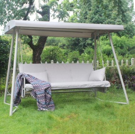 Orpixia Outdoor Patio 3-Seater Metal Swing Chair Bed with Cushion & Adjustable Canopy - Champagne